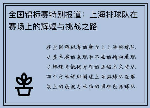 全国锦标赛特别报道：上海排球队在赛场上的辉煌与挑战之路